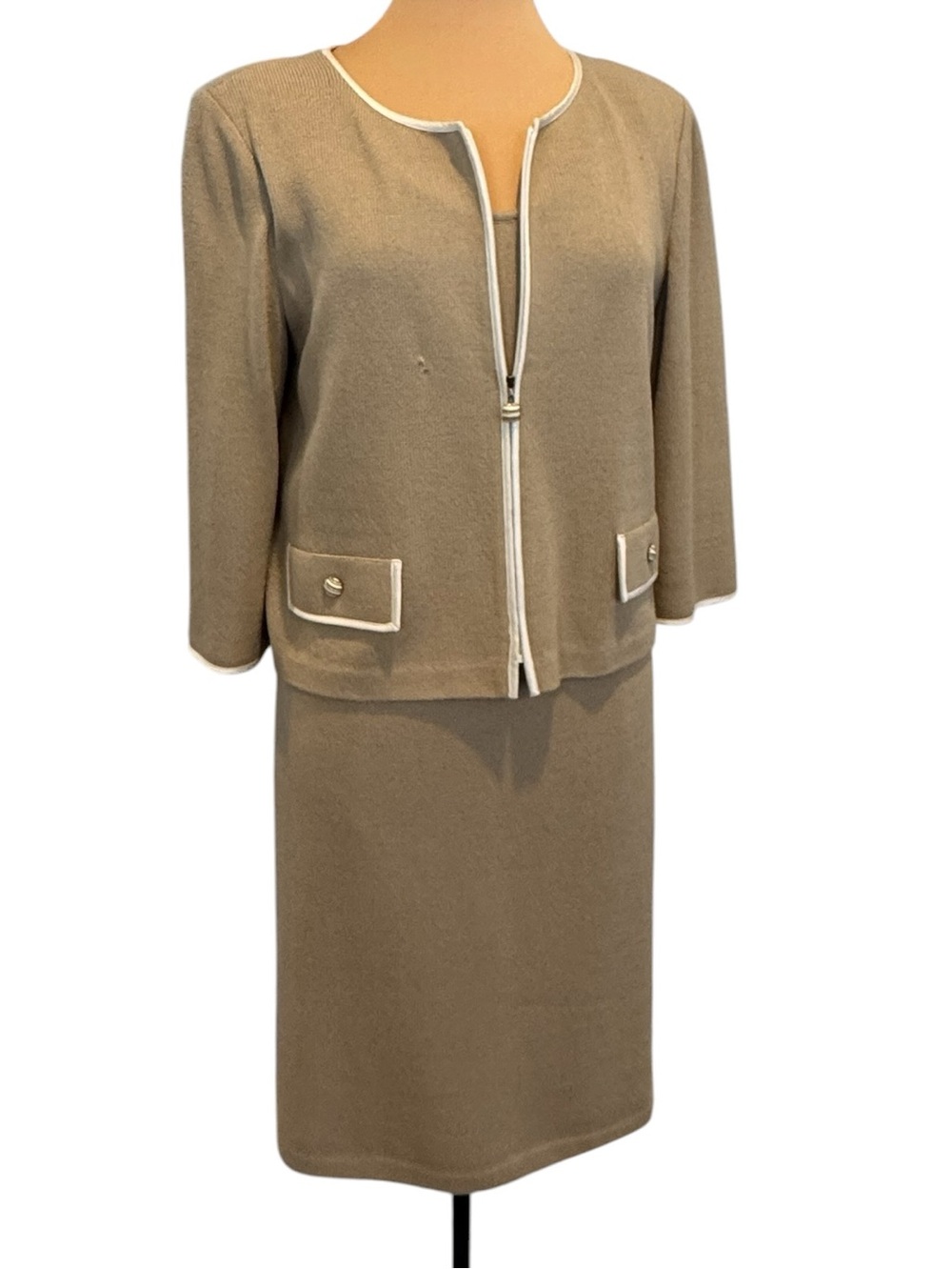 St. John tan ivory knit suit jacket midi sleeveless sweater dress flaw size 12 - Picture 2 of 16